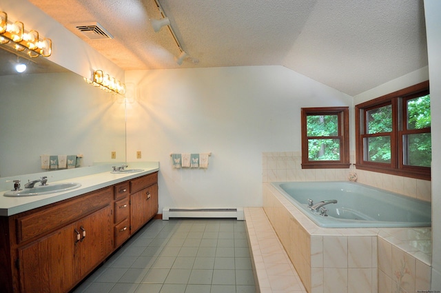 bathroom featuring lofted ceiling, vanity, a textured ceiling, and a baseboard heating unit