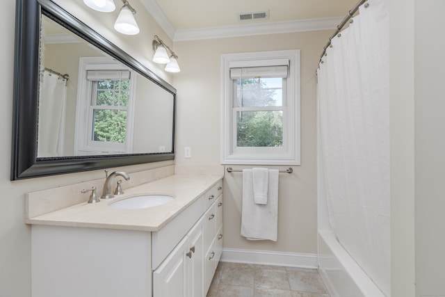 bathroom with vanity, tile patterned floors, ornamental molding, and shower / bathtub combination with curtain