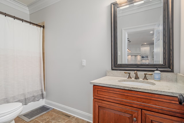 full bathroom with vanity, crown molding, shower / tub combo with curtain, and toilet