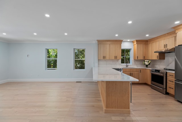 kitchen with stainless steel appliances, light brown cabinetry, light wood-type flooring, and crown molding