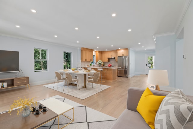 living room with a healthy amount of sunlight, light hardwood / wood-style floors, ornamental molding, and sink