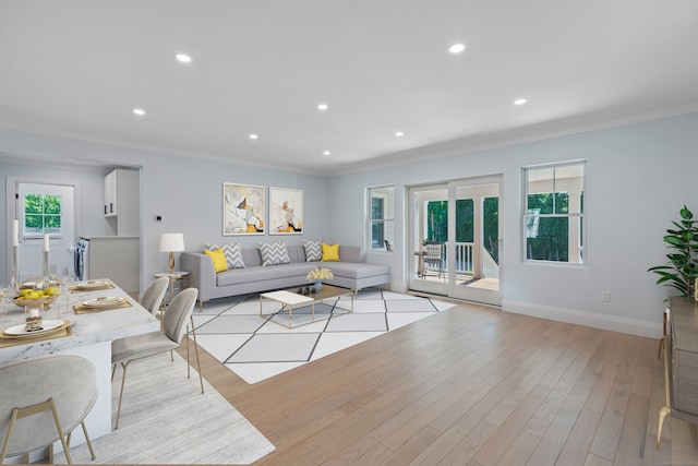 living room featuring light hardwood / wood-style flooring and ornamental molding