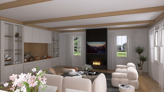 living room with light wood-type flooring, a large fireplace, and beam ceiling