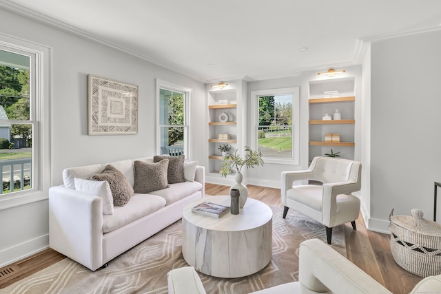 living room featuring hardwood / wood-style flooring and ornamental molding