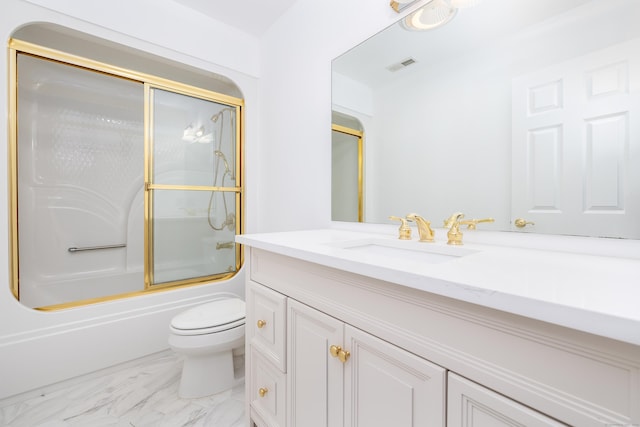 full bathroom with toilet, bath / shower combo with glass door, and vanity