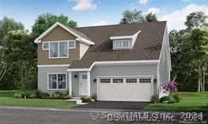 view of front facade featuring a garage, a front lawn, and aphalt driveway