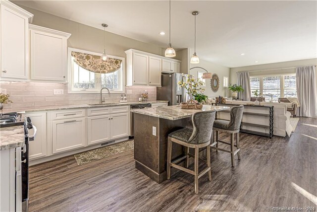 kitchen with a wealth of natural light, sink, dark hardwood / wood-style floors, and white cabinetry