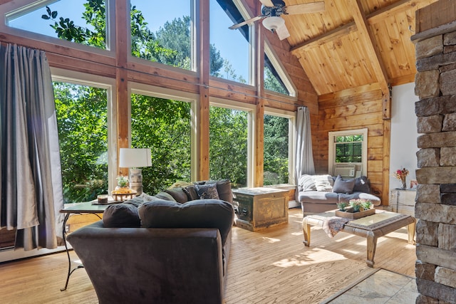 living room featuring wood ceiling, light hardwood / wood-style floors, ceiling fan, high vaulted ceiling, and beam ceiling