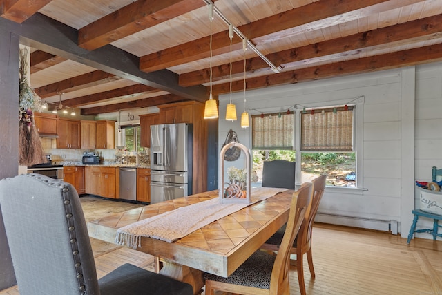 dining space with light wood-type flooring, baseboard heating, beam ceiling, and wooden ceiling