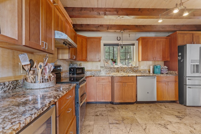 kitchen featuring backsplash, light stone countertops, stainless steel appliances, wine cooler, and beam ceiling