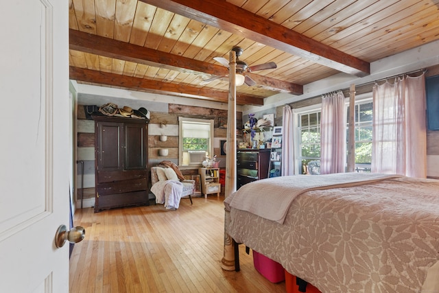 bedroom with light wood-type flooring, ceiling fan, beam ceiling, and wooden ceiling