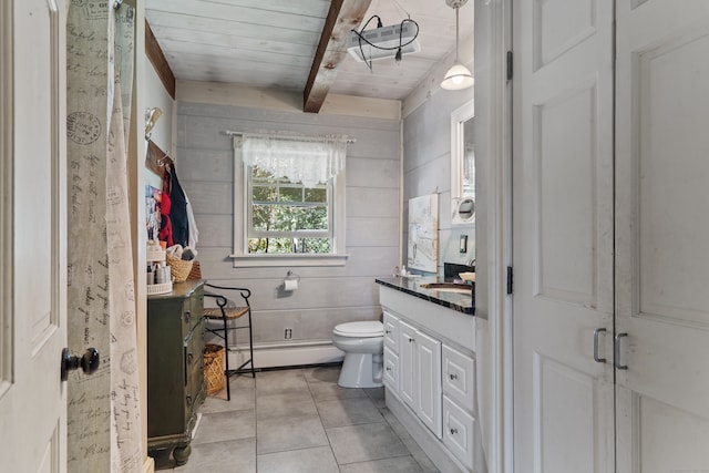 bathroom featuring toilet, tile patterned flooring, vanity, baseboard heating, and wooden ceiling