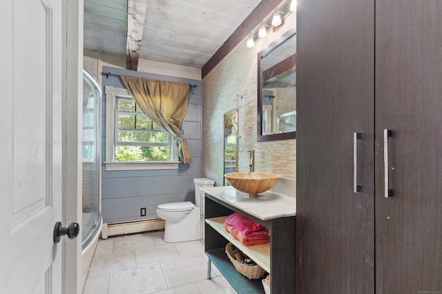 bathroom featuring vanity, an enclosed shower, wooden ceiling, toilet, and baseboard heating