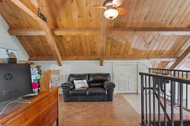 living room with ceiling fan, beam ceiling, and wooden ceiling