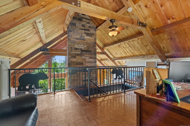 interior space with beamed ceiling, high vaulted ceiling, parquet flooring, ceiling fan, and wooden ceiling