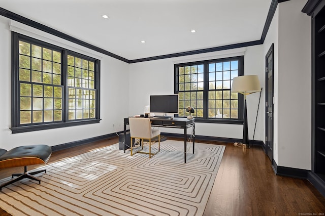 office space featuring dark hardwood / wood-style flooring and crown molding