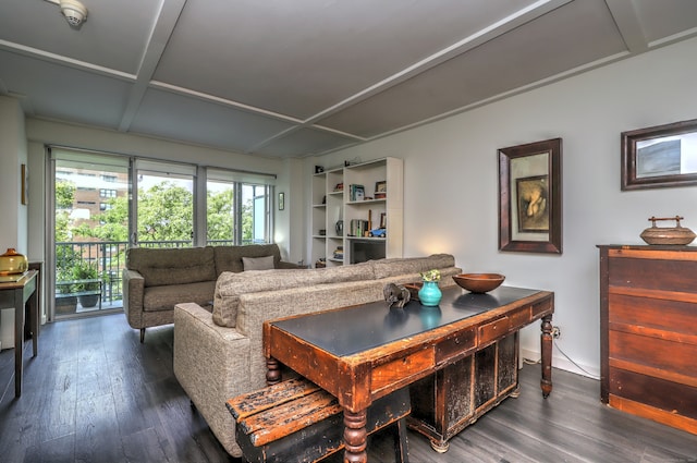 living room featuring coffered ceiling and dark hardwood / wood-style floors