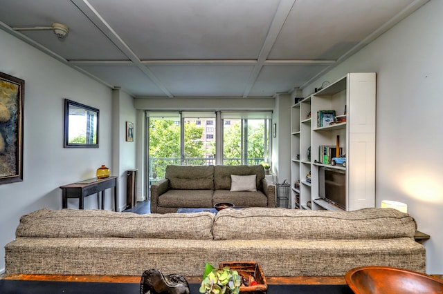 living area featuring coffered ceiling