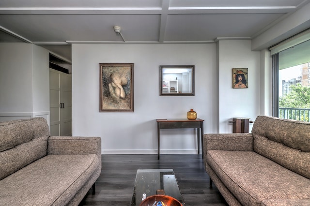 living room featuring coffered ceiling and dark hardwood / wood-style flooring