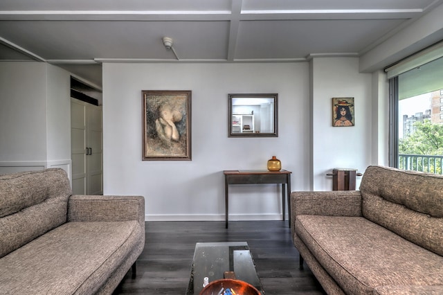 living area featuring dark wood-style floors, baseboards, and ornamental molding