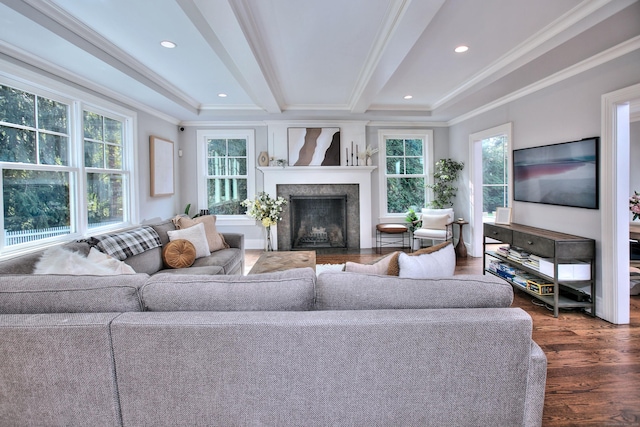 living room with beam ceiling, ornamental molding, wood finished floors, recessed lighting, and a premium fireplace