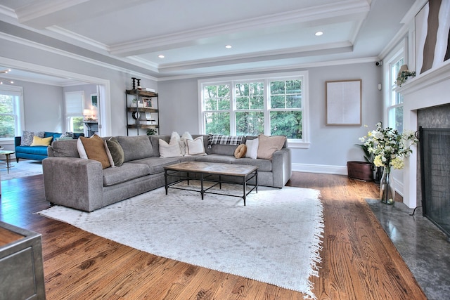 living area featuring wood finished floors, crown molding, recessed lighting, and a fireplace