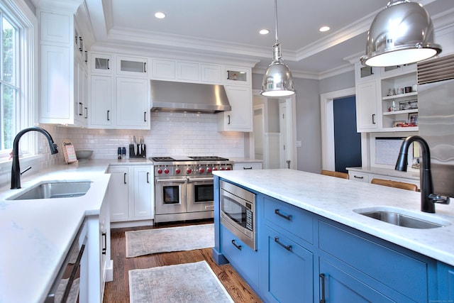 kitchen with a sink, blue cabinetry, high end appliances, and range hood