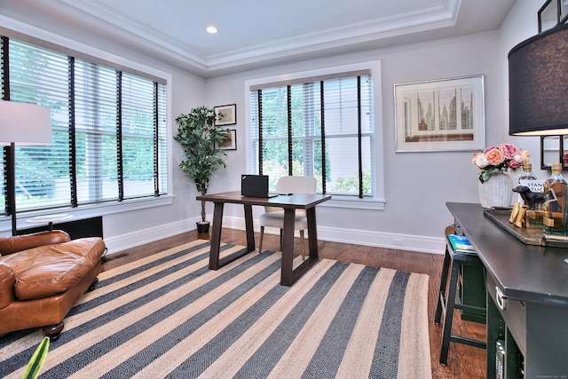 office space with baseboards, a raised ceiling, dark wood-style floors, and crown molding