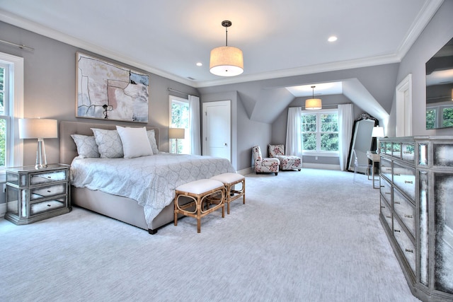 bedroom featuring lofted ceiling, ornamental molding, recessed lighting, carpet floors, and baseboards