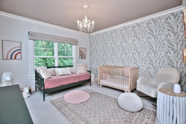 bedroom featuring baseboards, carpet floors, wallpapered walls, an inviting chandelier, and ornamental molding