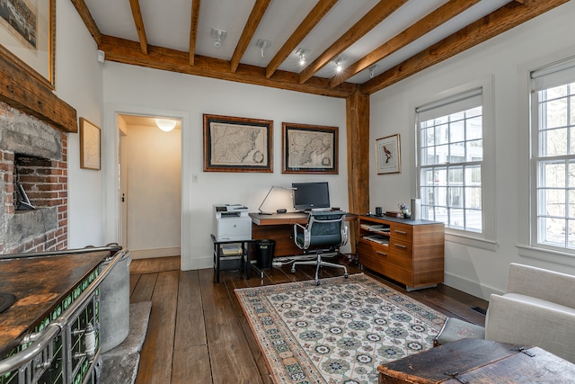 office featuring dark hardwood / wood-style floors and beamed ceiling