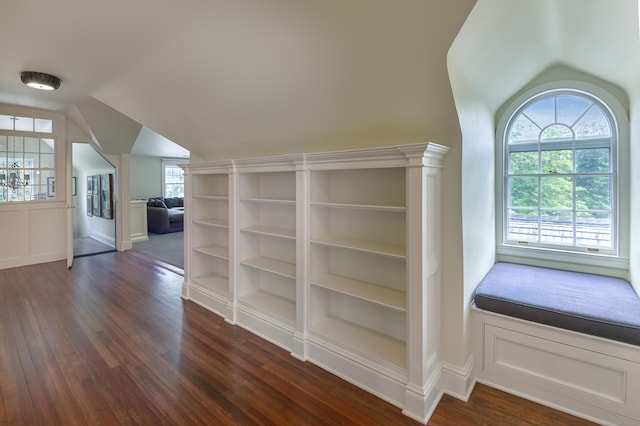 bonus room featuring dark wood finished floors, baseboards, and lofted ceiling