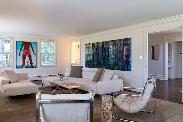 living room featuring ornamental molding, a healthy amount of sunlight, a baseboard radiator, and dark hardwood / wood-style flooring