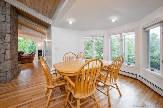 dining area featuring wood ceiling, light hardwood / wood-style floors, and plenty of natural light