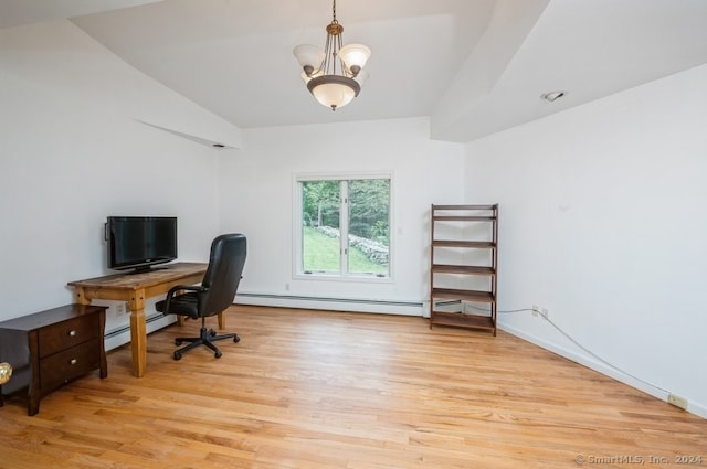 office space featuring light hardwood / wood-style flooring, a chandelier, and baseboard heating