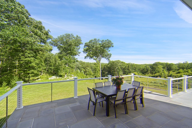 29 Rogues Rdg, Weston, CT 06883 - view of patio featuring outdoor dining area and a wooded view