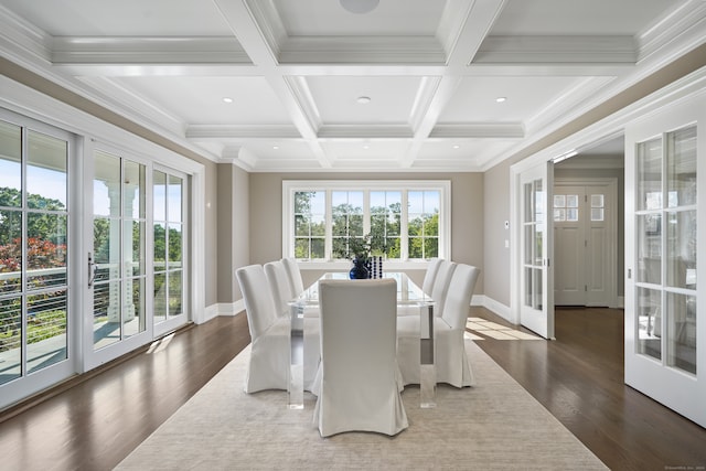 dining space featuring dark wood-type flooring, beam ceiling, coffered ceiling, and plenty of natural light