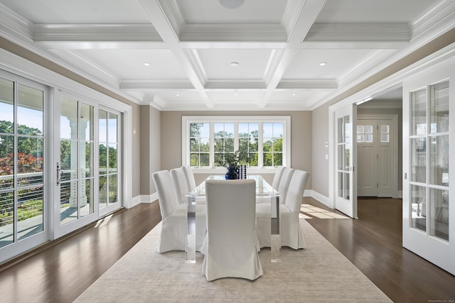 29 Rogues Rdg, Weston, CT 06883 - dining area with baseboards, dark wood-style flooring, beamed ceiling, recessed lighting, and coffered ceiling