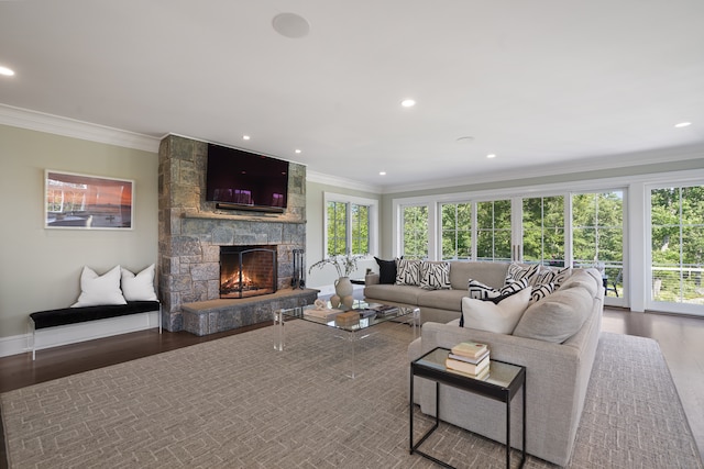 living room featuring hardwood / wood-style floors, a stone fireplace, crown molding, and a healthy amount of sunlight