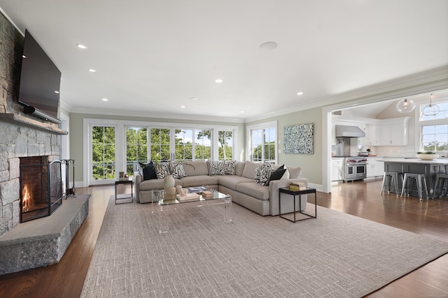 living room featuring ornamental molding, a fireplace, and dark hardwood / wood-style floors