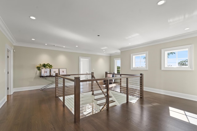 29 Rogues Rdg, Weston, CT 06883 - corridor with an upstairs landing, baseboards, recessed lighting, wood finished floors, and crown molding