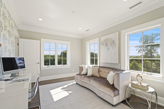 living room with ornamental molding, a healthy amount of sunlight, and wood-type flooring