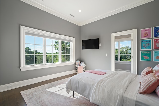 29 Rogues Rdg, Weston, CT 06883 - bedroom with baseboards, crown molding, dark wood-type flooring, and recessed lighting