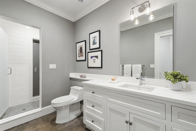 bathroom featuring vanity, an enclosed shower, toilet, and crown molding