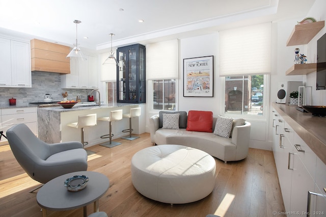 living room featuring sink and light hardwood / wood-style flooring