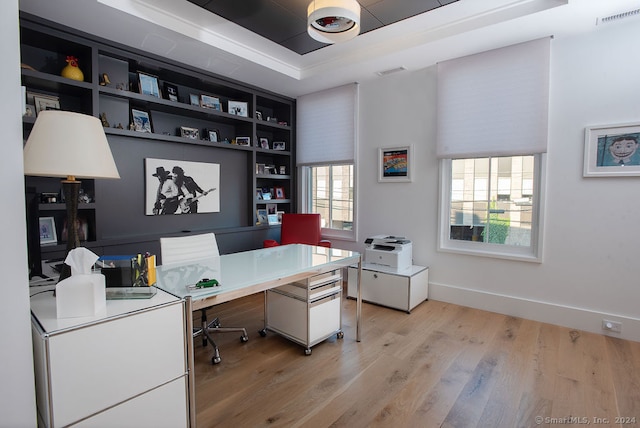 home office with a raised ceiling and light hardwood / wood-style floors