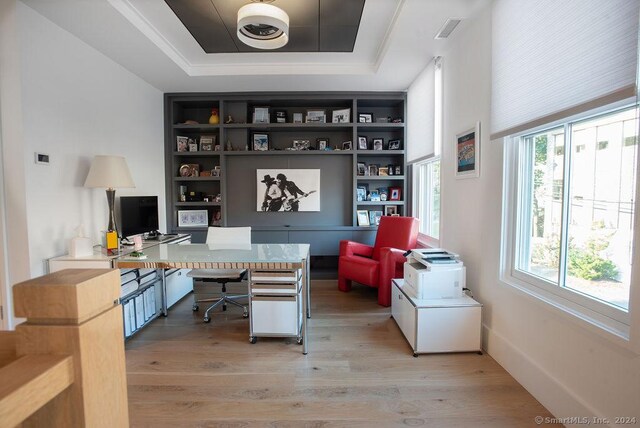 office area featuring hardwood / wood-style floors and a tray ceiling