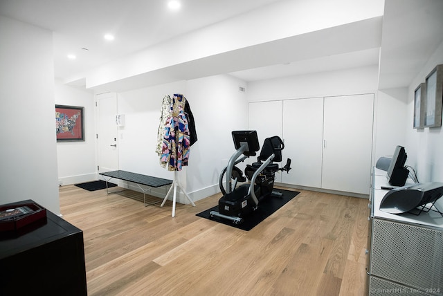 exercise area featuring light hardwood / wood-style flooring