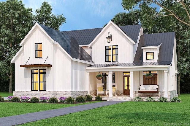 modern farmhouse style home with a front yard and a porch