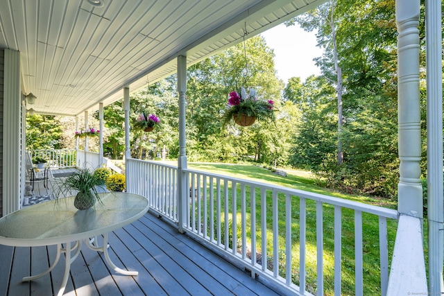 wooden deck with covered porch and a yard